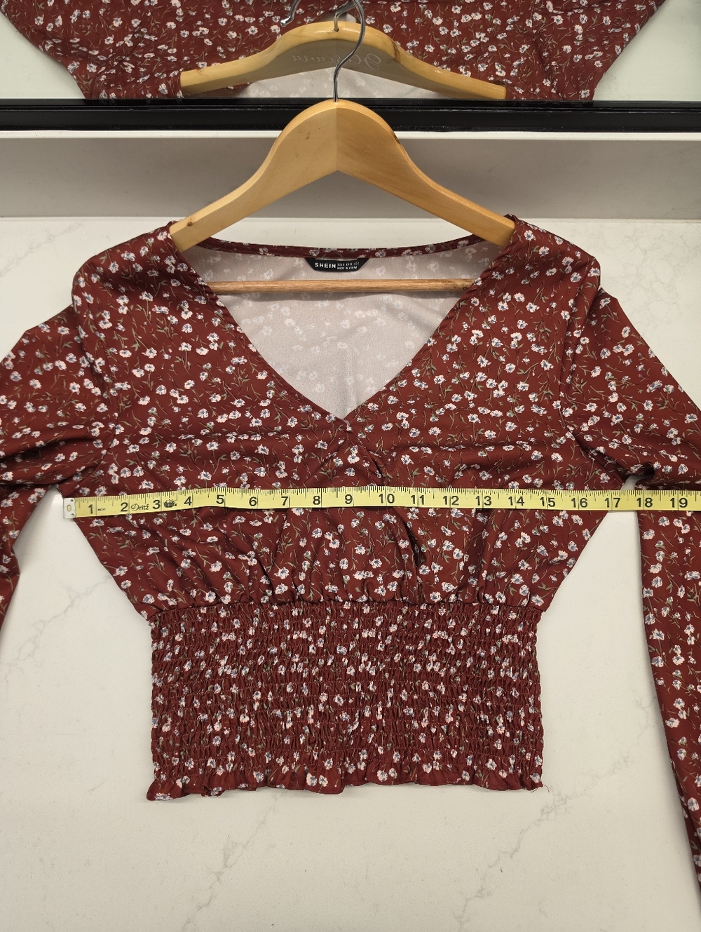 NWOT SHEIN Burnt Red Orange Floral Smocked Blouse Boho V-Neck Long Sleeve Top - Picture 10 of 11